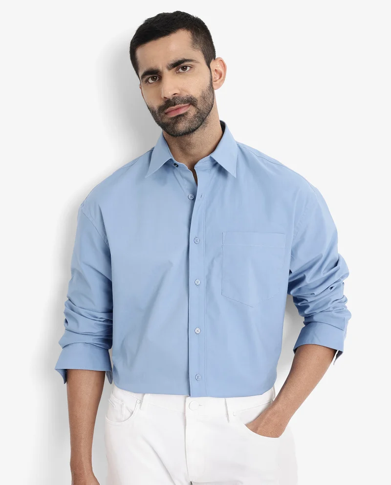 رير رابِت Rare Rabbit Men's Crofty Blue Cotton Lycra Fabric Full Sleeves Collared Neck Regular Fit Plain Shirt