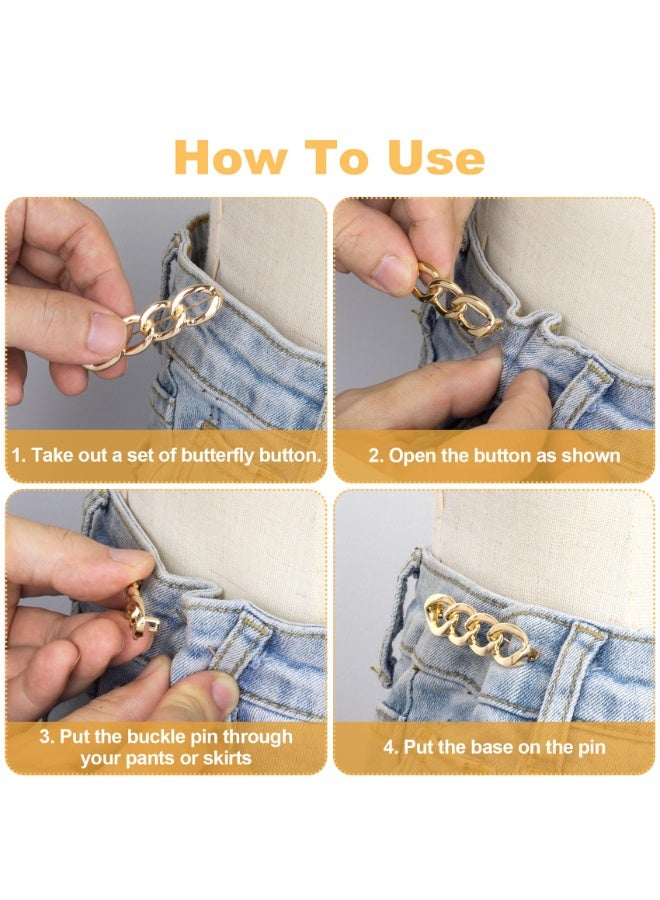 4 Sets Gold Adjustable Chain Pant Waist Tightener, No Sew Jeans Button Pins, Reusable Waist Buttons for Loose Jeans Coats Shirts Shawls - Image 3