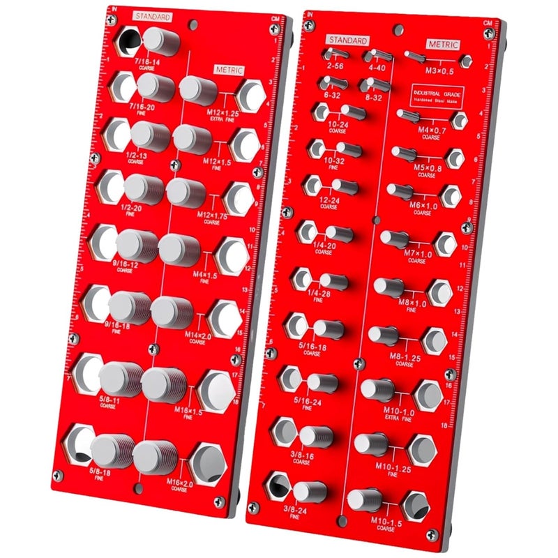 Aluminum Alloy Nut and Bolt Thread Checker, Red Screw Gauge, Metric and Standard 38-Hole Board - Image 1
