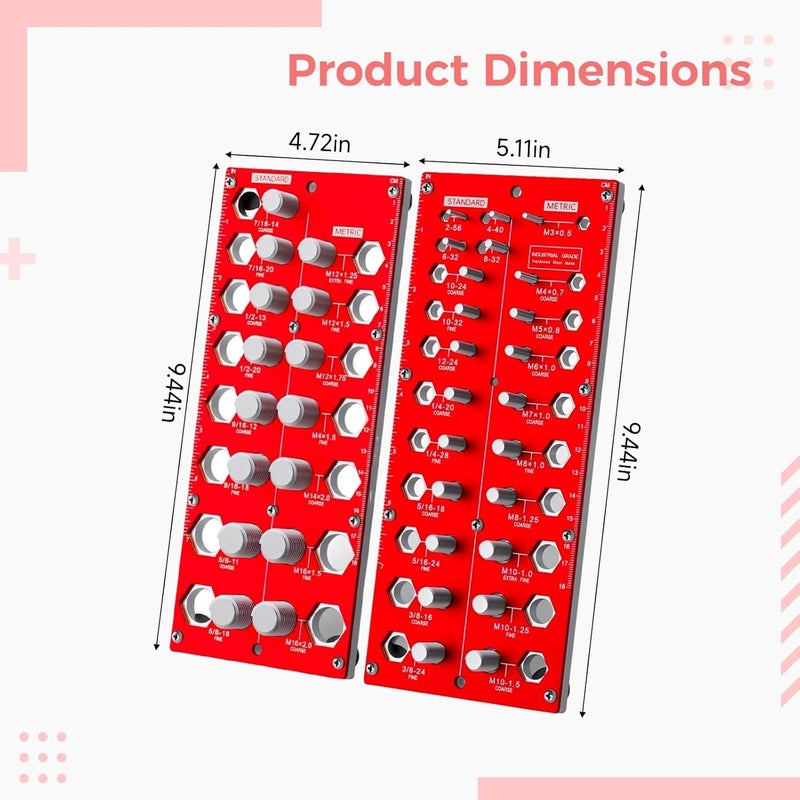 Aluminum Alloy Nut and Bolt Thread Checker, Red Screw Gauge, Metric and Standard 38-Hole Board - Image 3