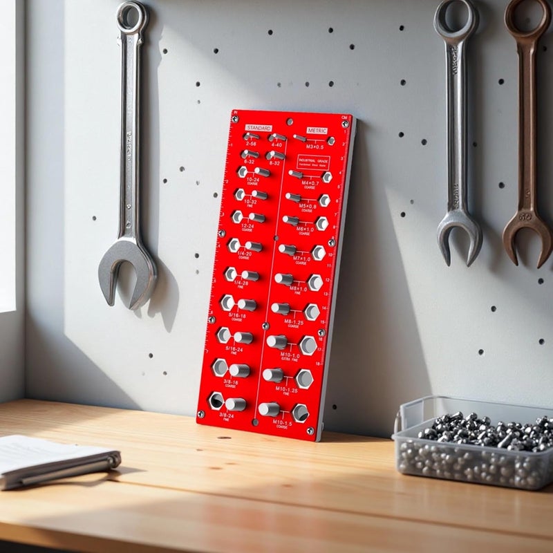 Aluminum Alloy Nut and Bolt Thread Checker, Red Screw Gauge, Metric and Standard 38-Hole Board - Image 2