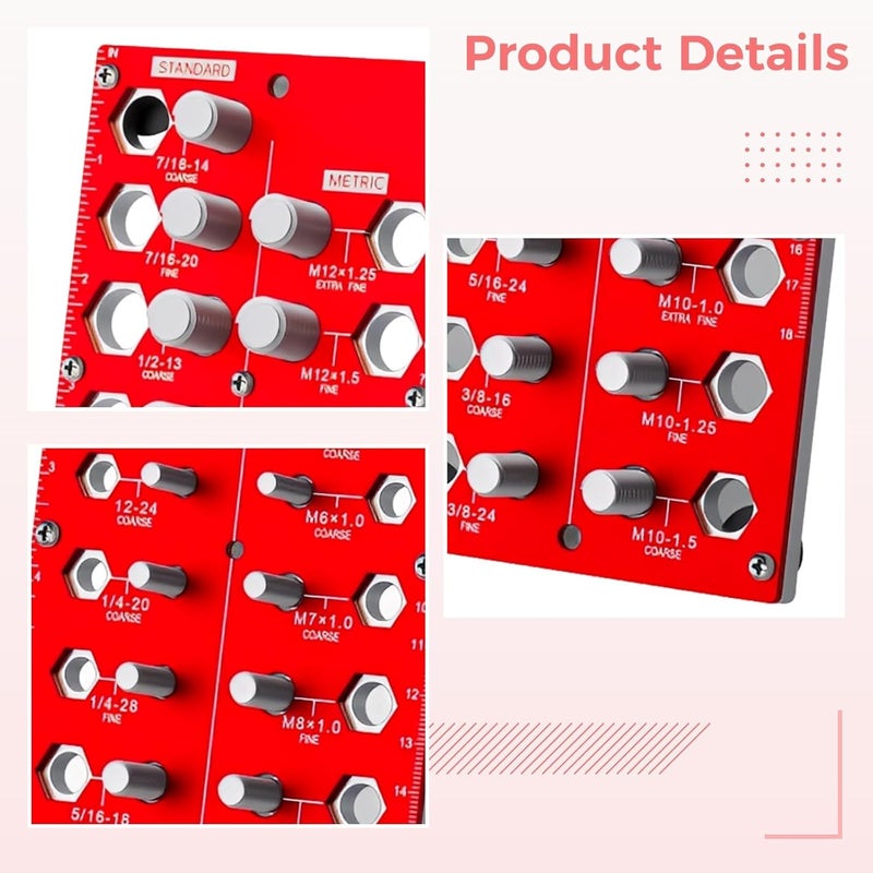 Aluminum Alloy Nut and Bolt Thread Checker, Red Screw Gauge, Metric and Standard 38-Hole Board - Image 4