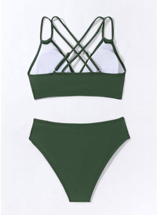 Tainehs Women's Push Up V Neck Bikini Sets Criss Cross Back Two Piece Bathing Suit Army Green - Image 4