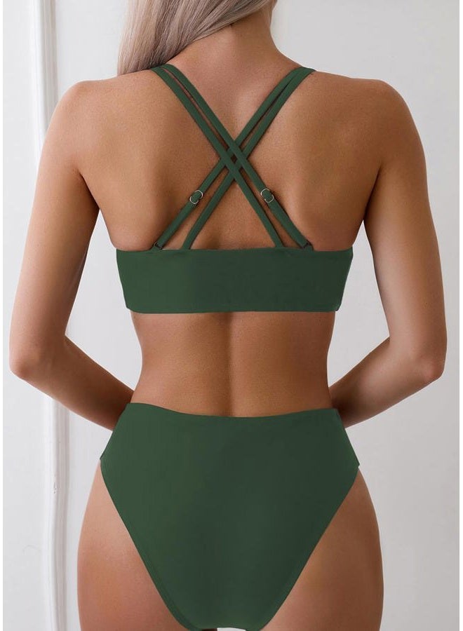 Tainehs Women's Push Up V Neck Bikini Sets Criss Cross Back Two Piece Bathing Suit Army Green - Image 2