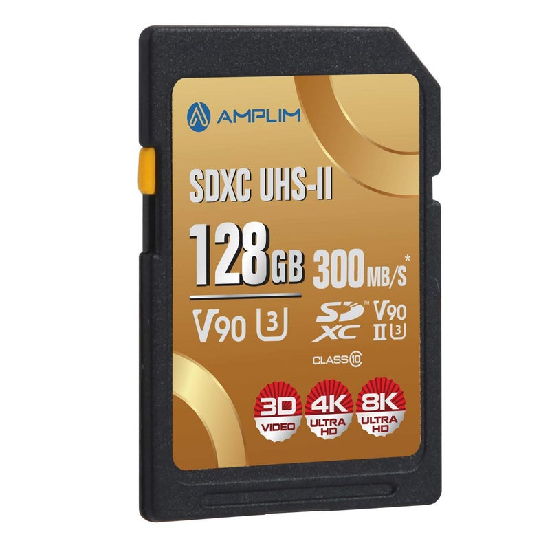 Amplim بطاقة Amplim 128GB V90 UHS-II SD SDXC، سرعة قراءة/كتابة 300MB/S 2000X، أداء سريع للغاية، تخزين آمن U3 للذاكرة الرقمية للمصورين المحترفين ومصوري الفيديو - Image 1