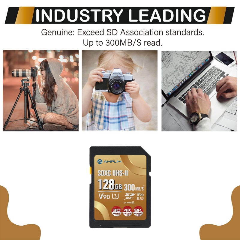 Amplim بطاقة Amplim 128GB V90 UHS-II SD SDXC، سرعة قراءة/كتابة 300MB/S 2000X، أداء سريع للغاية، تخزين آمن U3 للذاكرة الرقمية للمصورين المحترفين ومصوري الفيديو - Image 3
