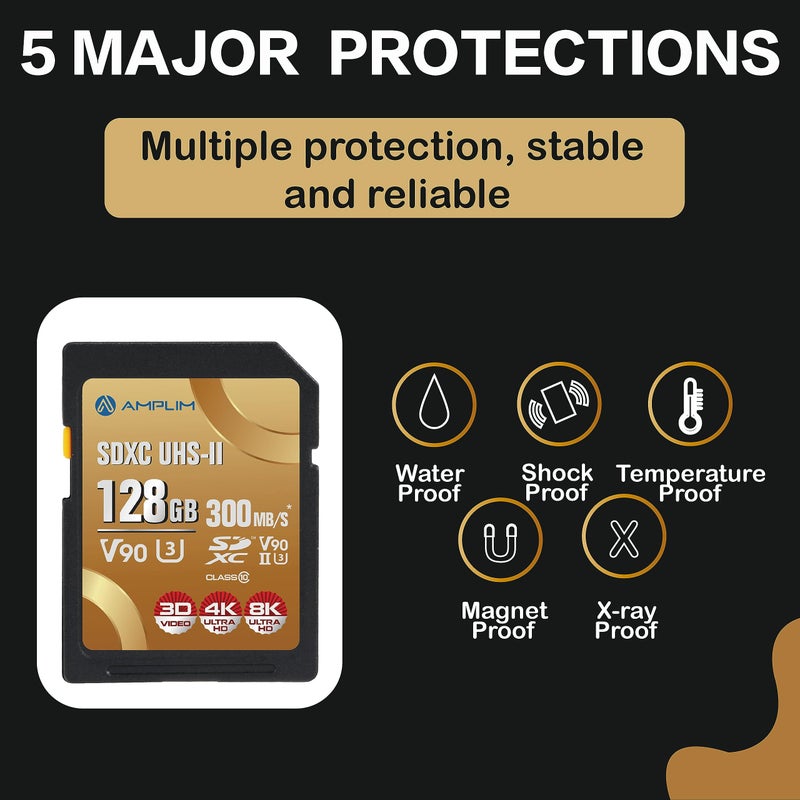 Amplim بطاقة Amplim 128GB V90 UHS-II SD SDXC، سرعة قراءة/كتابة 300MB/S 2000X، أداء سريع للغاية، تخزين آمن U3 للذاكرة الرقمية للمصورين المحترفين ومصوري الفيديو - Image 5