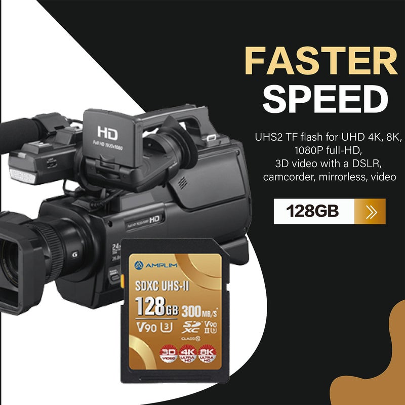 Amplim بطاقة Amplim 128GB V90 UHS-II SD SDXC، سرعة قراءة/كتابة 300MB/S 2000X، أداء سريع للغاية، تخزين آمن U3 للذاكرة الرقمية للمصورين المحترفين ومصوري الفيديو - Image 2