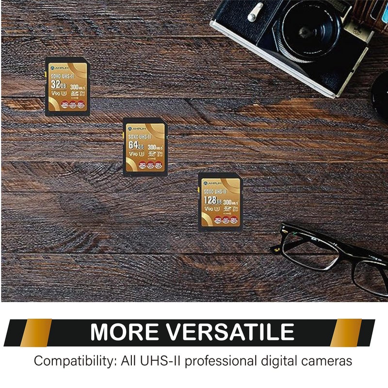 Amplim بطاقة Amplim 128GB V90 UHS-II SD SDXC، سرعة قراءة/كتابة 300MB/S 2000X، أداء سريع للغاية، تخزين آمن U3 للذاكرة الرقمية للمصورين المحترفين ومصوري الفيديو - Image 4