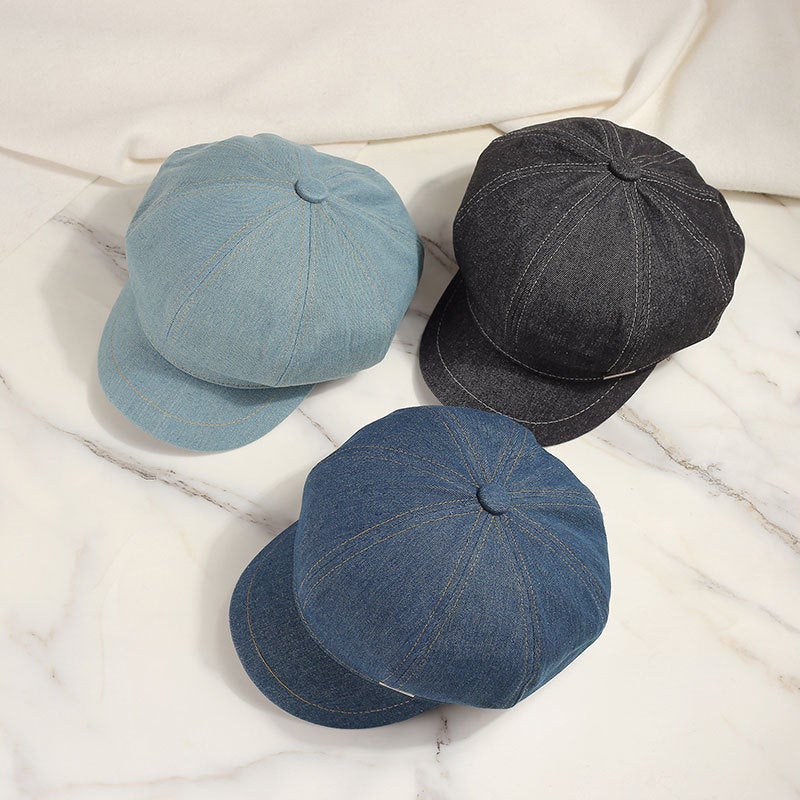 Beret Japanese Vintage Denim Small Iron Label Painter Face Slimming Casual Hat - Image 2