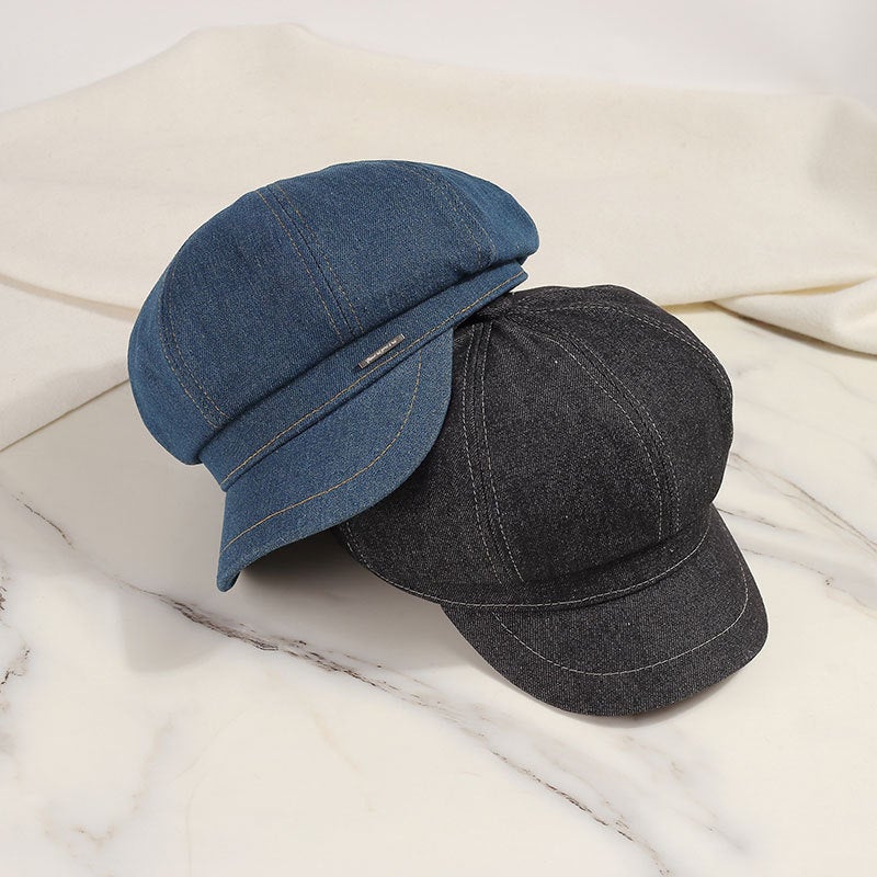 Beret Japanese Vintage Denim Small Iron Label Painter Face Slimming Casual Hat - Image 3