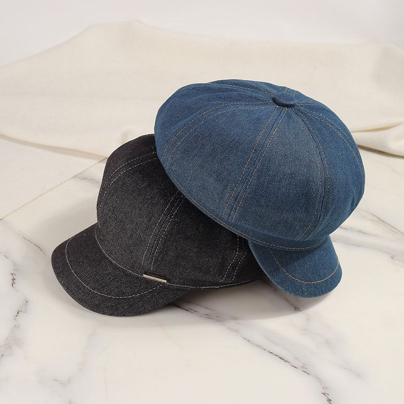 Beret Japanese Vintage Denim Small Iron Label Painter Face Slimming Casual Hat - Image 4