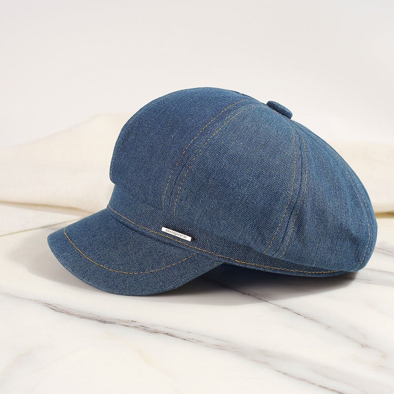 Beret Japanese Vintage Denim Small Iron Label Painter Face Slimming Casual Hat - Image 1