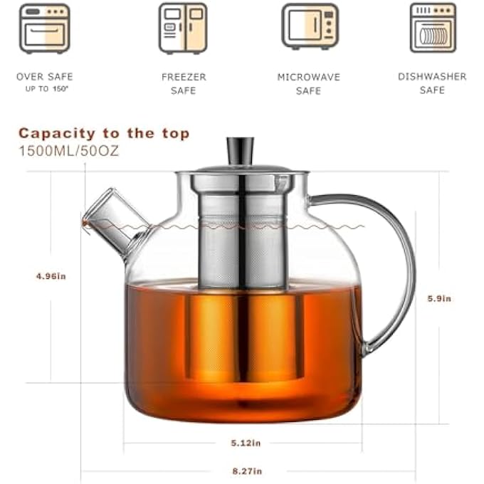 Antole Glass Teapot Stovetop1500Ml50Oz Glass Tea Pot With Removable Stainless Steel Infuser StrainerBorosilicate Tea KettleLoose Leaf And Blooming Tea Maker For CampingTravel - Image 3