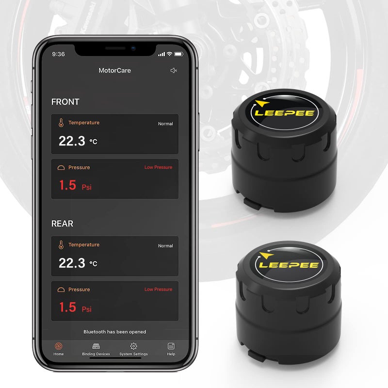 leepee Motorcycle Tire Pressure Monitoring System, Tire Pressure and Temperature Alarm, Wireless Motorcycle TPMS with 2 External Sensors, Support iOS and Android - Image 1