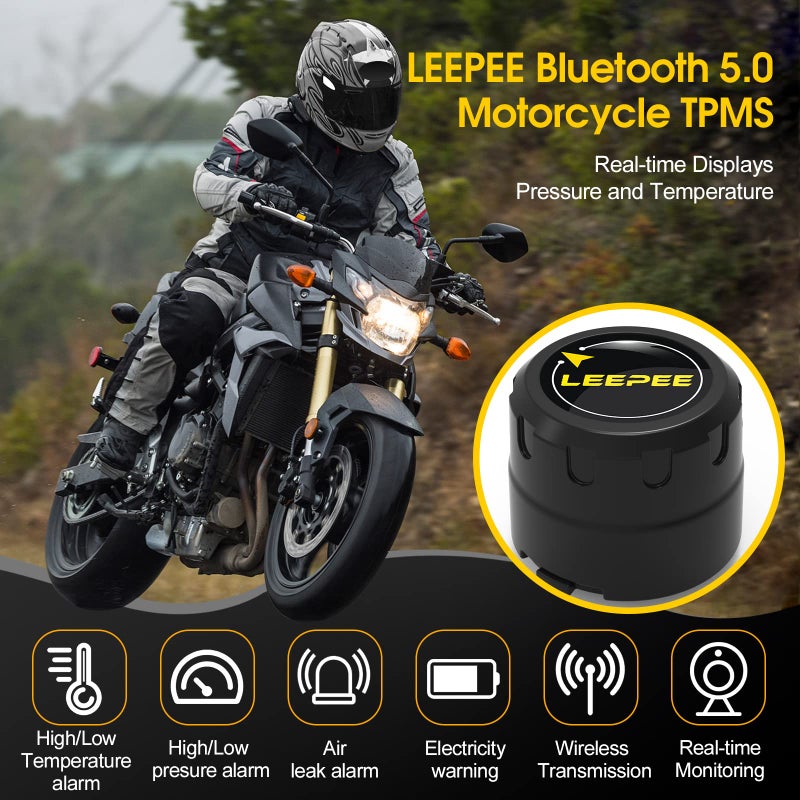 leepee Motorcycle Tire Pressure Monitoring System, Tire Pressure and Temperature Alarm, Wireless Motorcycle TPMS with 2 External Sensors, Support iOS and Android - Image 2