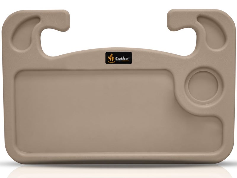 EcoNour 2 in 1 Car Steering Wheel Desk Beige Steering Wheel Tray for Laptop Eating Drinks Rectangular ABS Car Tray with Pen Holder Cup Holder - Image 2