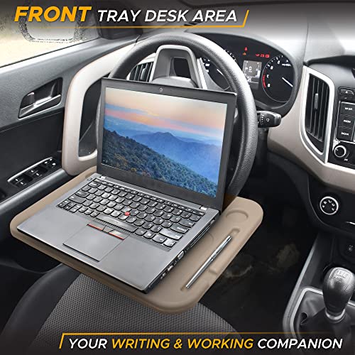 EcoNour 2 in 1 Car Steering Wheel Desk Beige Steering Wheel Tray for Laptop Eating Drinks Rectangular ABS Car Tray with Pen Holder Cup Holder - Image 3