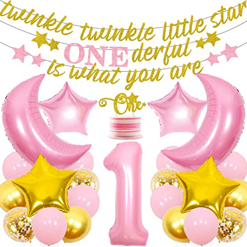 Balterever Twinkle Twinkle Little Star 1st Birthday Decorations Girl Gold Pink Banner Cake Topper Moon and Star Balloons for Baby Shower or Girl 1st Birthday Party - Image 1