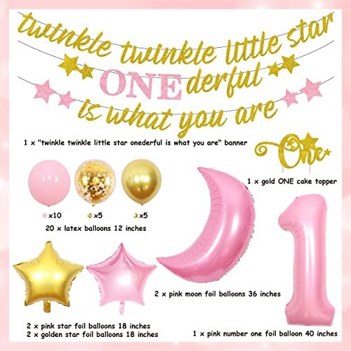 Balterever Twinkle Twinkle Little Star 1st Birthday Decorations Girl Gold Pink Banner Cake Topper Moon and Star Balloons for Baby Shower or Girl 1st Birthday Party - Image 5