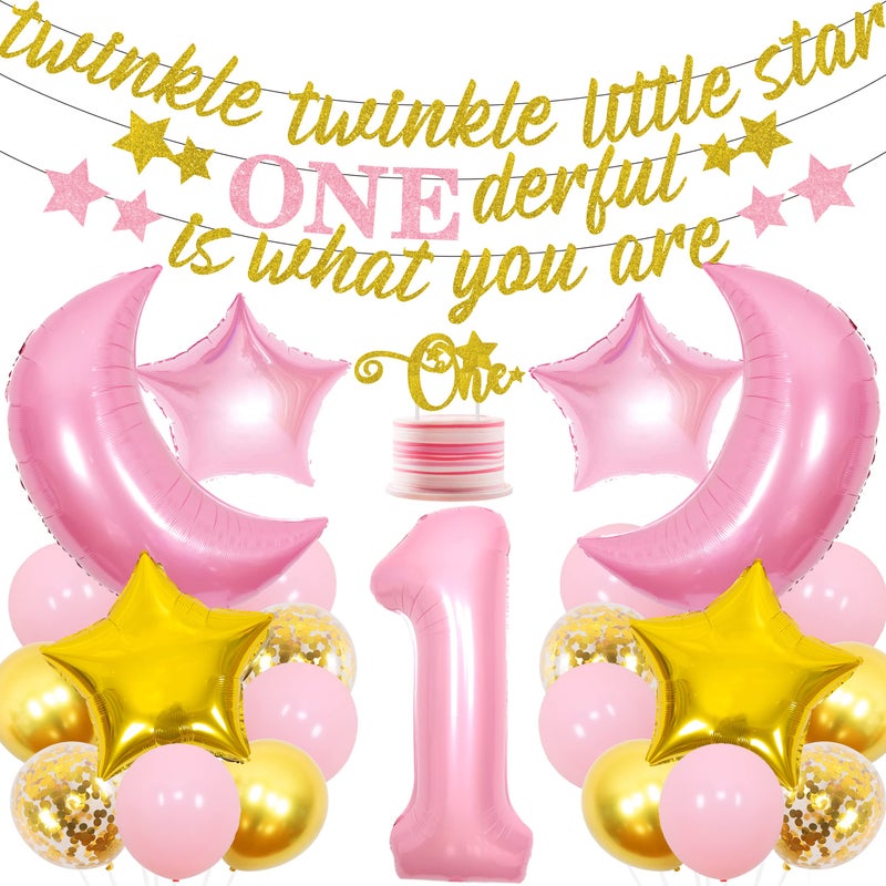 Balterever Twinkle Twinkle Little Star 1st Birthday Decorations Girl Gold Pink Banner Cake Topper Moon and Star Balloons for Baby Shower or Girl 1st Birthday Party - Image 3