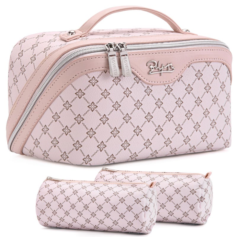 BOYATU Travel Makeup Bag Cosmetic Bags for Women: 3 Pcs Set Large Capacity Make up Bag with Handle - Vegan Leather Toiletry Bags with Compartments - Makeup Organizer for Travel Essentials(A-3-Pink) - Image 1