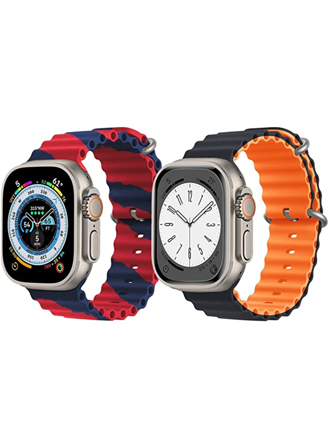IAF Silicone Ocean Band Strap for Apple Watch Ultra 8 49mm Red/Blue Double Line Strap with Black/Orange2 Double Side Strap Set of 2