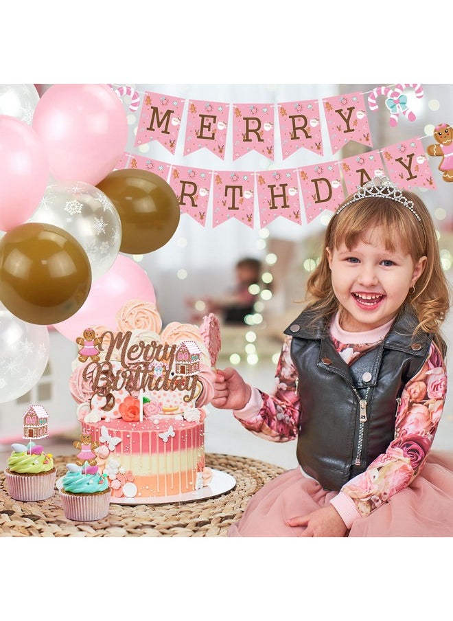 K KUMEED - Pink Gingerbread Man Decorations,Christmas Merry Birthday Banner Cute Candy House Cake Topper Latex Balloons For Boys Girls Merry Birthday Birthday Party Supplies Baby Shower - Image 1