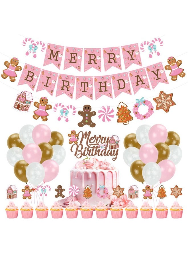 K KUMEED - Pink Gingerbread Man Decorations,Christmas Merry Birthday Banner Cute Candy House Cake Topper Latex Balloons For Boys Girls Merry Birthday Birthday Party Supplies Baby Shower - Image 1