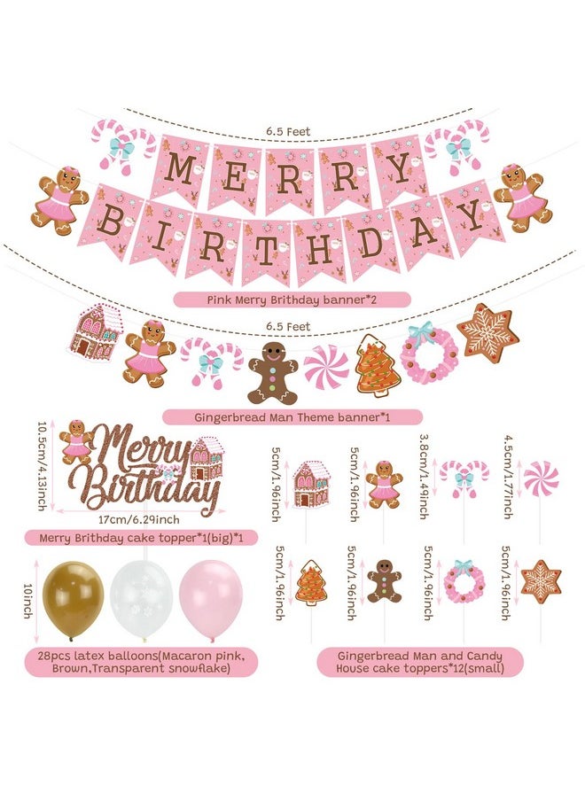 K KUMEED - Pink Gingerbread Man Decorations,Christmas Merry Birthday Banner Cute Candy House Cake Topper Latex Balloons For Boys Girls Merry Birthday Birthday Party Supplies Baby Shower - Image 1