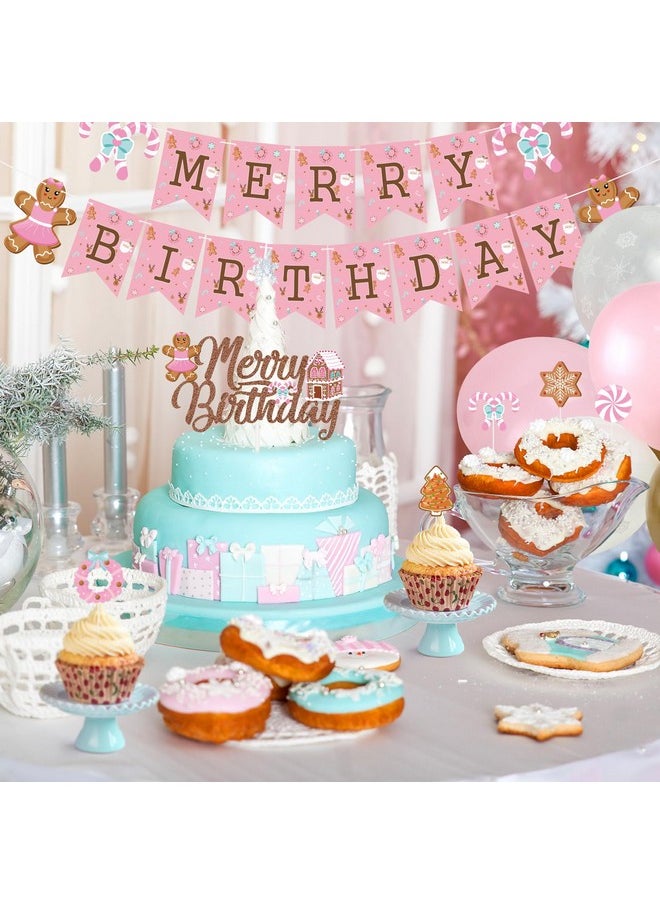 K KUMEED - Pink Gingerbread Man Decorations,Christmas Merry Birthday Banner Cute Candy House Cake Topper Latex Balloons For Boys Girls Merry Birthday Birthday Party Supplies Baby Shower - Image 1