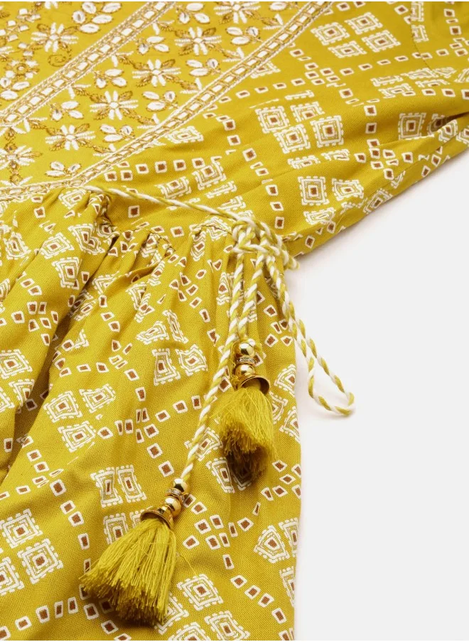 ISHIN A-Line Fit Embroidered Pattern Round Neck Three-Quarter Sleeves Mustard Colour Knitted Cotton Kurta Set for Women with Semi Elastic Closure - An Ideal Pick for Any Occasion