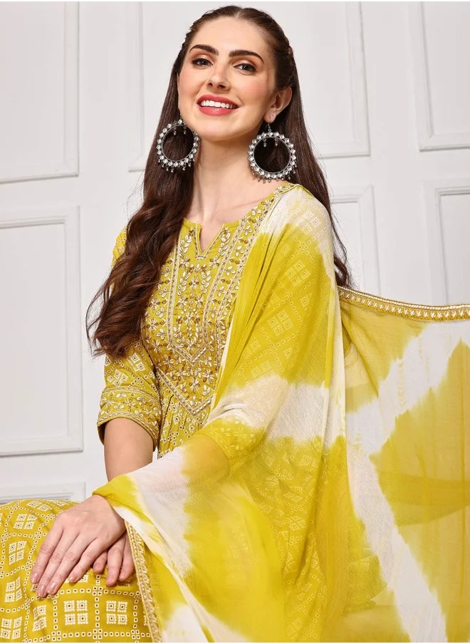 ISHIN A-Line Fit Embroidered Pattern Round Neck Three-Quarter Sleeves Mustard Colour Knitted Cotton Kurta Set for Women with Semi Elastic Closure - An Ideal Pick for Any Occasion