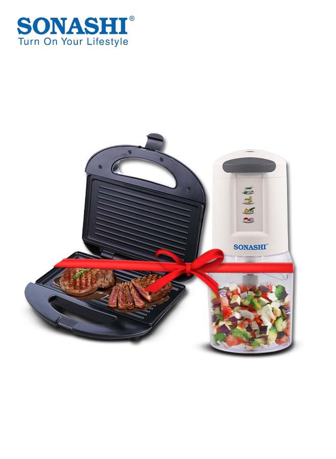 SONASHI 2 Slice Grill Maker and Kitchen Chopper | Non-Stick, Stainless Steel Sandwich Maker with Handle Locking System and Chopper with Double Stainless Steel Blades Mincer with 2 Speeds | Best Combo for Kitchen SGT-853N and SMC-22 750 W SGT-853N + SMC-22 Black & White - Image 1