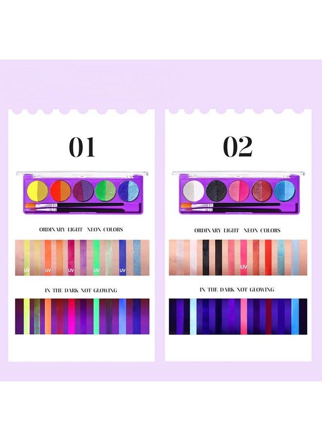 BONNIE CHOICE 2 Packs Water Activated Eyeliner Palette, Halloween Neon Rainbow Colorful Face Body Paint Colored Liner Makeup Matte Eyeliner With Eyeliner Brushes U V Glow Fluorescent Black White Paint Makeup Set  - Image 2