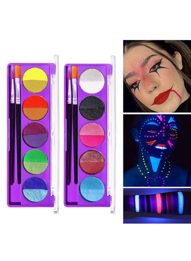 BONNIE CHOICE 2 Packs Water Activated Eyeliner Palette, Halloween Neon Rainbow Colorful Face Body Paint Colored Liner Makeup Matte Eyeliner With Eyeliner Brushes U V Glow Fluorescent Black White Paint Makeup Set  - Image 1