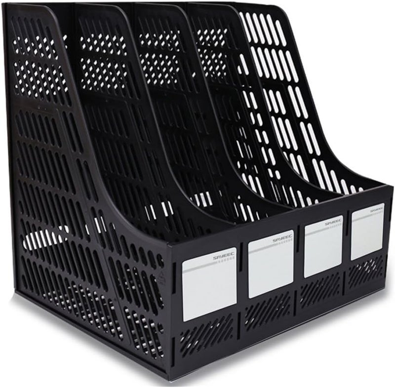 SAYEEC Desktop Magazine Holder Desk File Organizer 4 Compartments Vertical File Dividers Book Holder Frames Document Cabinet Rack Storage Organizer Box for Home Office School Black - Image 1