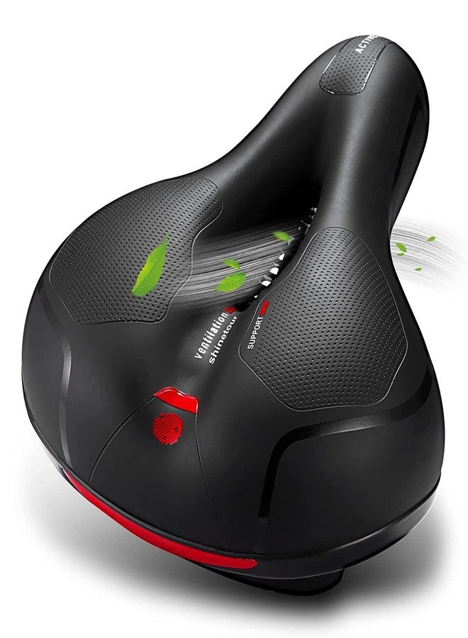 Linist مقعد دراجة لينيست، سرج دراجة عريض بديل مع جلد مبطن برغوة الذاكرة المقاومة للماء، وسادة مقعد بشريط عاكس وكرات مطاطية مزدوجة ماصة للصدمات، سرج دراجة (أسود-أحمر) - Image 1
