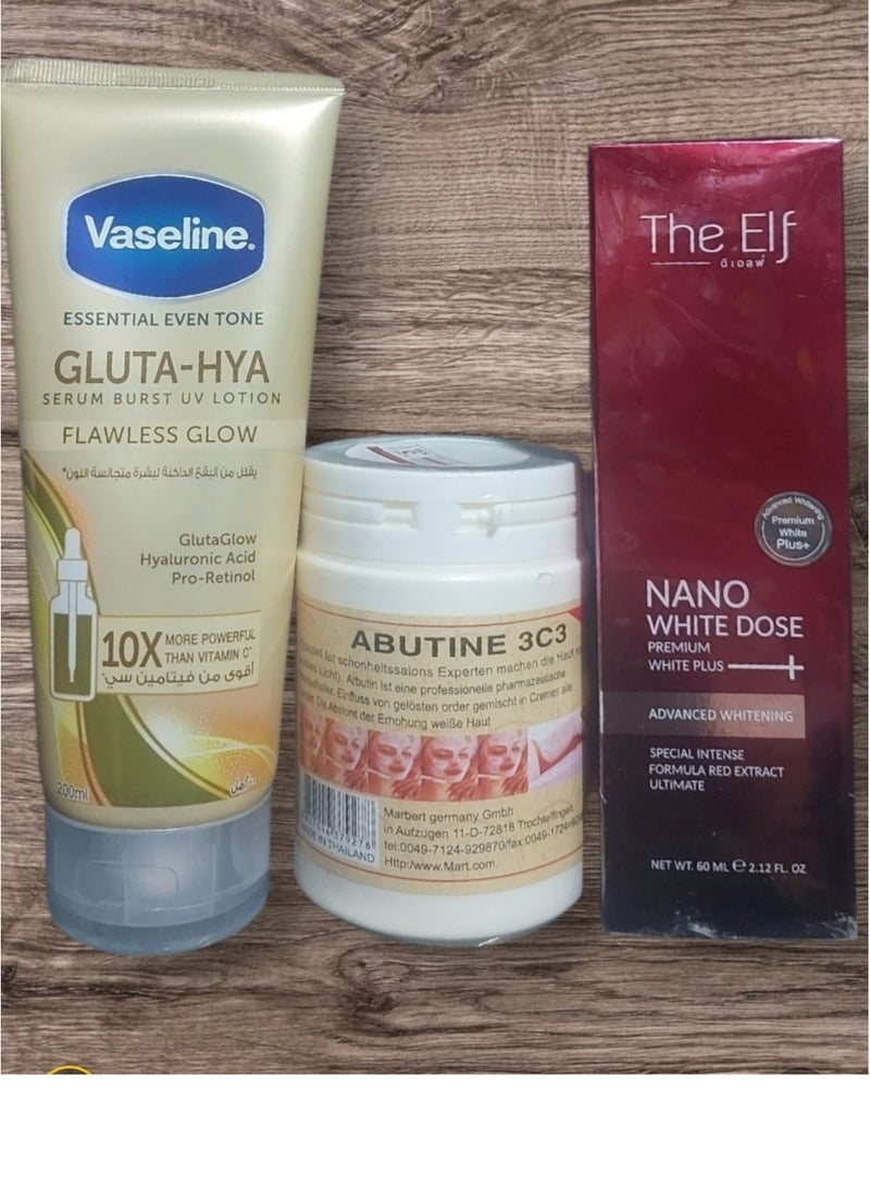 Vaseline Skin whitening and renewal set consisting of Gluta Flawless Glow Body Lotion, Vaseline Burst Serum 200ml, Aptoin 3C3 Cream 250ml + Nano White Dose Premium White Plus Serum 60ml - Image 1