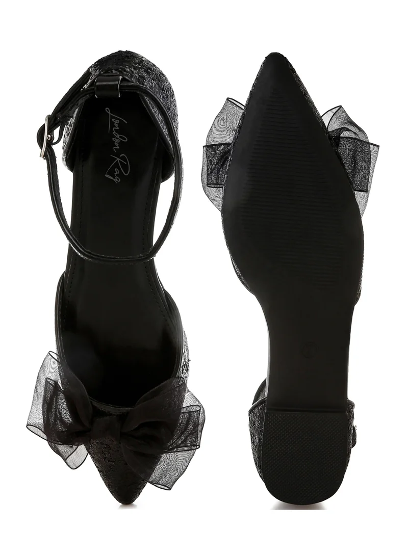 London Rag Sheer Bow Detail Glitter Flat Sandals in Black