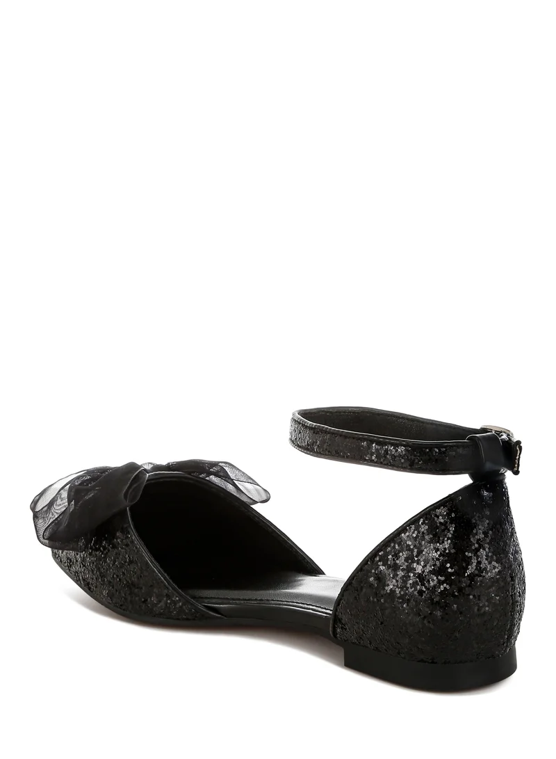 London Rag Sheer Bow Detail Glitter Flat Sandals in Black