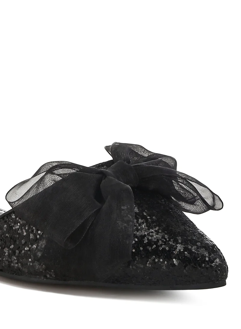 London Rag Sheer Bow Detail Glitter Flat Sandals in Black