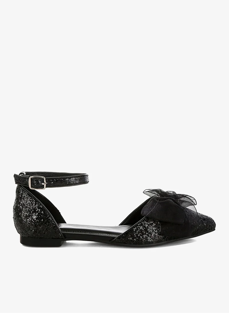 Sheer Bow Detail Glitter Flat Sandals in Black