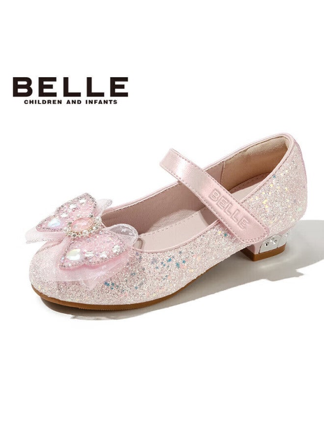 Belle Children's Shoes, Girls' Leather Shoes, Kids' Princess Shoes, Crystal Shoes, Girls' Small High Heels, Fashionable Flats, Spring, Pink, Size 32 - Image 4