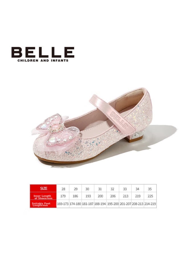 Belle Children's Shoes, Girls' Leather Shoes, Kids' Princess Shoes, Crystal Shoes, Girls' Small High Heels, Fashionable Flats, Spring, Pink, Size 32 - Image 1