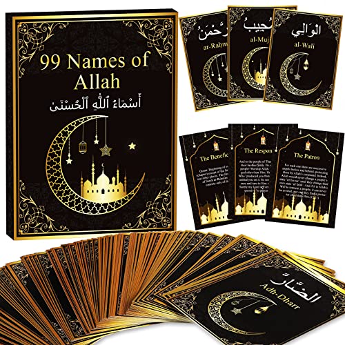 Wiooffen 99 اسماء الله بطاقات تعليمية آيات القرآن الكريم بطاقات أسماء الحسنى عيد الأضحى بطاقات تعليمية باللغة العربية والإنجليزية هدايا عيد أو رمضان للعائلة والأصدقاء 5.7×3.1 بوصة - Image 1