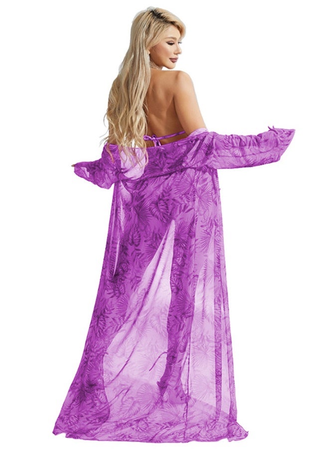 MARGOUN Three-piece Digital Printing Bikini Ladies Beach Sunscreen Blouse Swimsuit Long Lace Dress Sheer Dress Sheer Kimono Dress Purple - Image 5