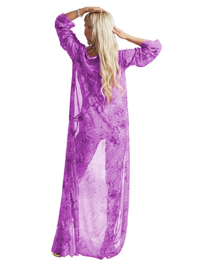MARGOUN Three-piece Digital Printing Bikini Ladies Beach Sunscreen Blouse Swimsuit Long Lace Dress Sheer Dress Sheer Kimono Dress Purple - Image 4