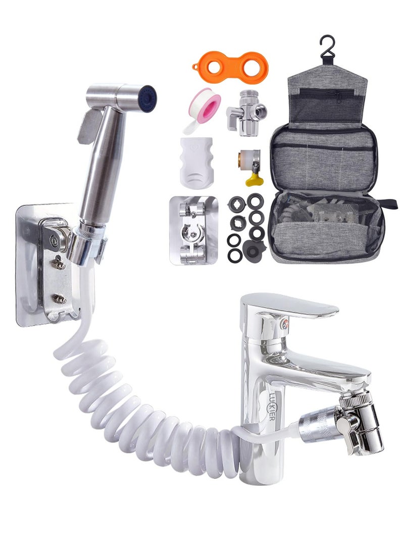 LUCKIER Stainless Steel Portable Travel Shattaf Bidet + Copper Material Diverter 3 Meters Hose Silicone Suction Cup + Space Aluminum Base Faucet Adapter Kit + Portable Toiletries Bag for Home/Hotel/Trav  - Image 1