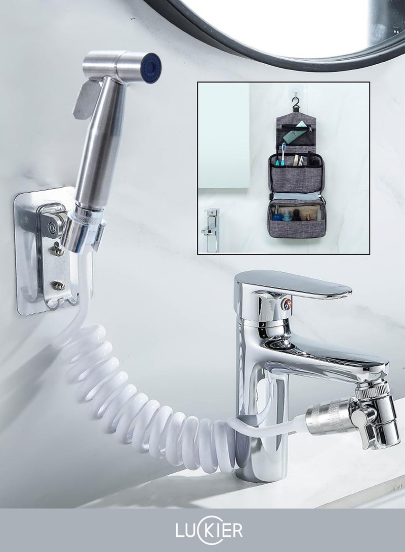 LUCKIER Stainless Steel Portable Travel Shattaf Bidet + Copper Material Diverter 3 Meters Hose Silicone Suction Cup + Space Aluminum Base Faucet Adapter Kit + Portable Toiletries Bag for Home/Hotel/Trav  - Image 2